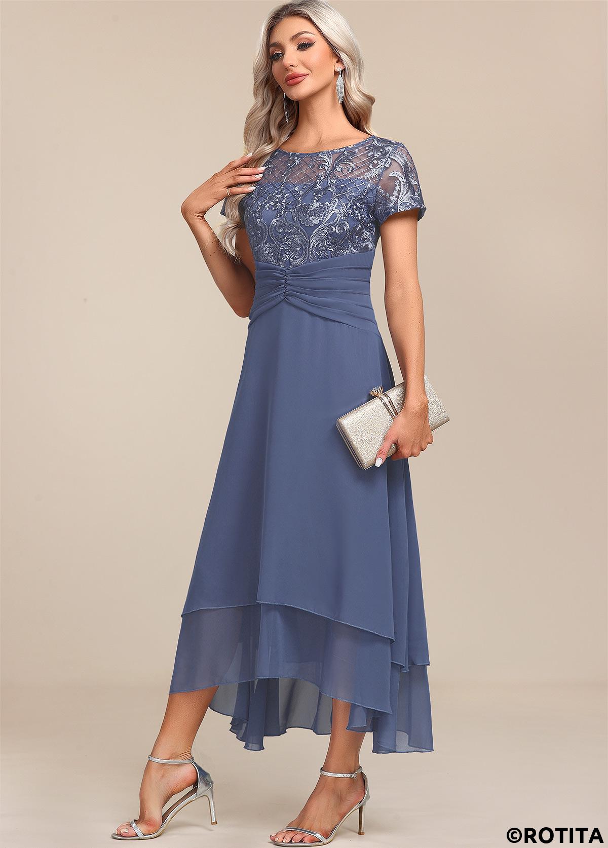 Dusty Blue dresses,Plain Color dresses,Party dresses,Elegant dresses,ROTITA Lace Dusty Blue Round Neck Short Sleeve Maxi Dress