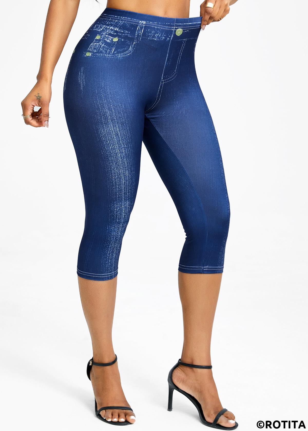 Denim Blue bottoms,Denim-Effect Print bottoms,Denim-effect Print Denim Blue High Waisted Elastic Waist Leggings