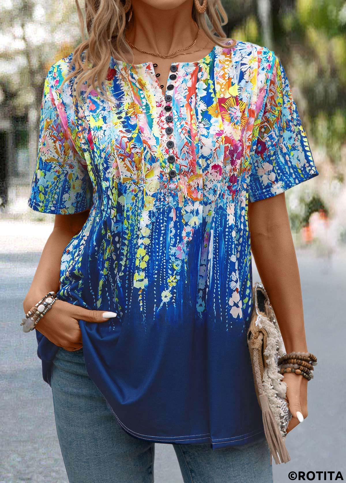 Button Graffiti Print Dark Blue Round Neck T Shirt