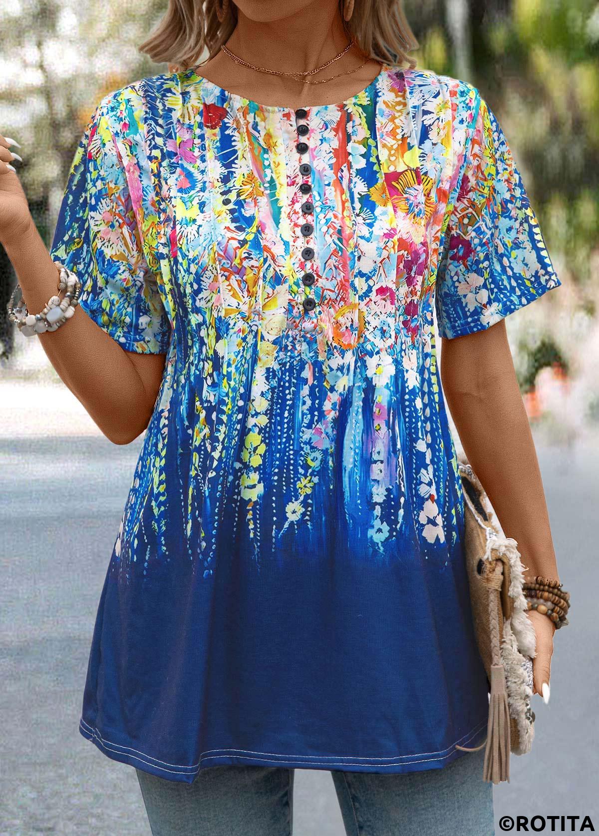Button Graffiti Print Dark Blue Round Neck T Shirt