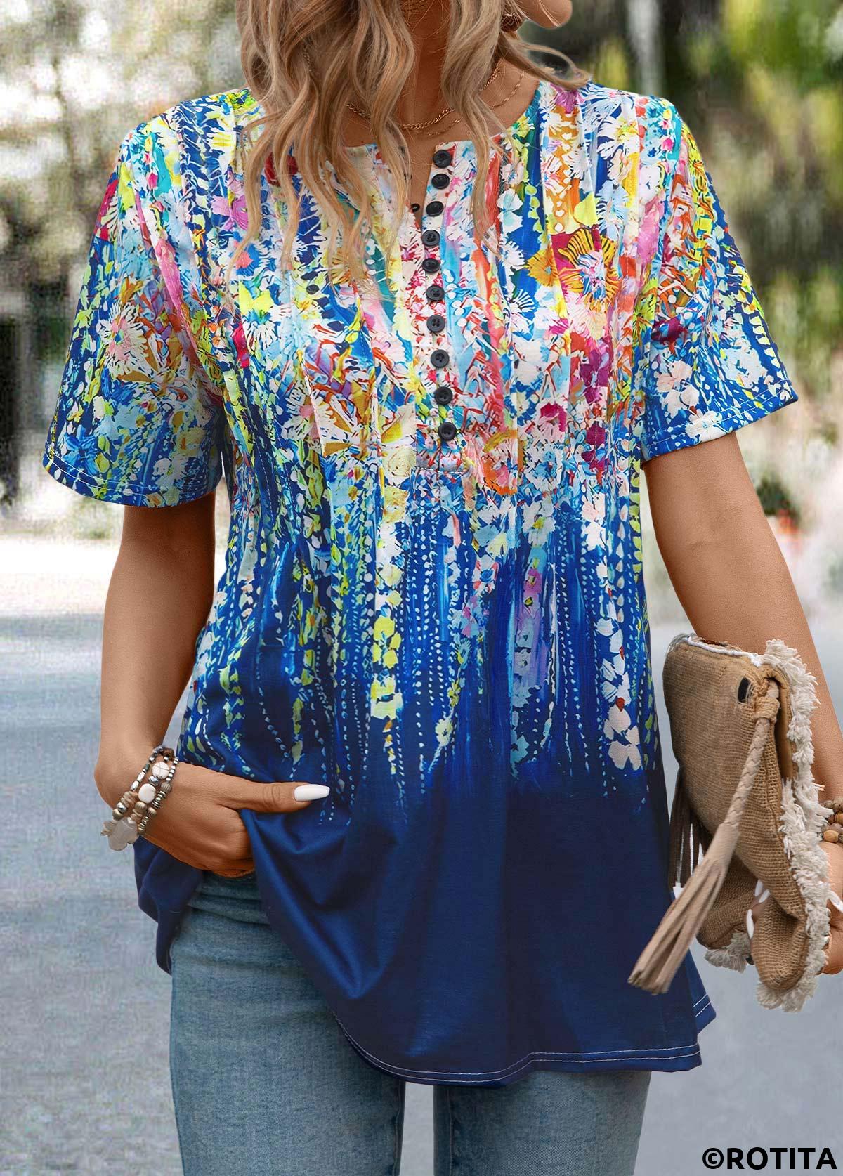 Button Graffiti Print Dark Blue Round Neck T Shirt