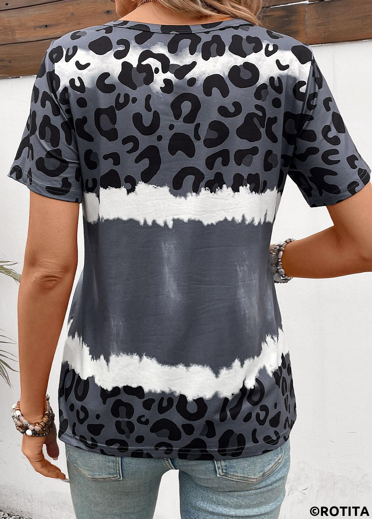 Dark Grey tops,Leopard tops,Animal Print tops,Lightweight Leopard Dark Grey V Neck T Shirt