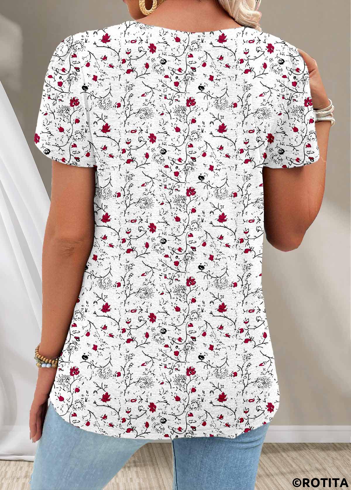 White tops,Ditsy Floral tops,Floral tops,Plants tops,ROTITA Button Ditsy Floral Print White Square Neck T Shirt