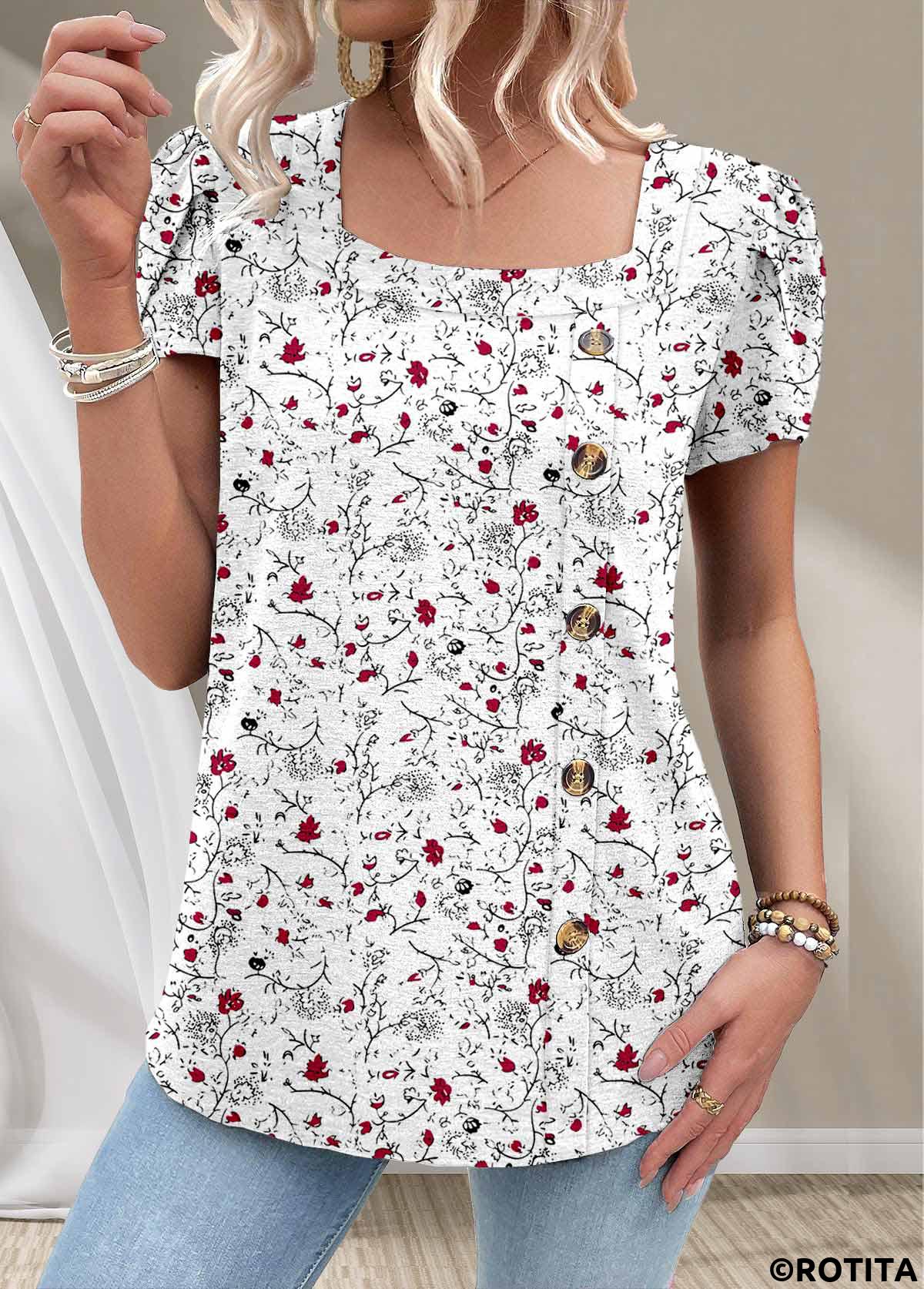 White tops,Ditsy Floral tops,Floral tops,Plants tops,ROTITA Button Ditsy Floral Print White Square Neck T Shirt