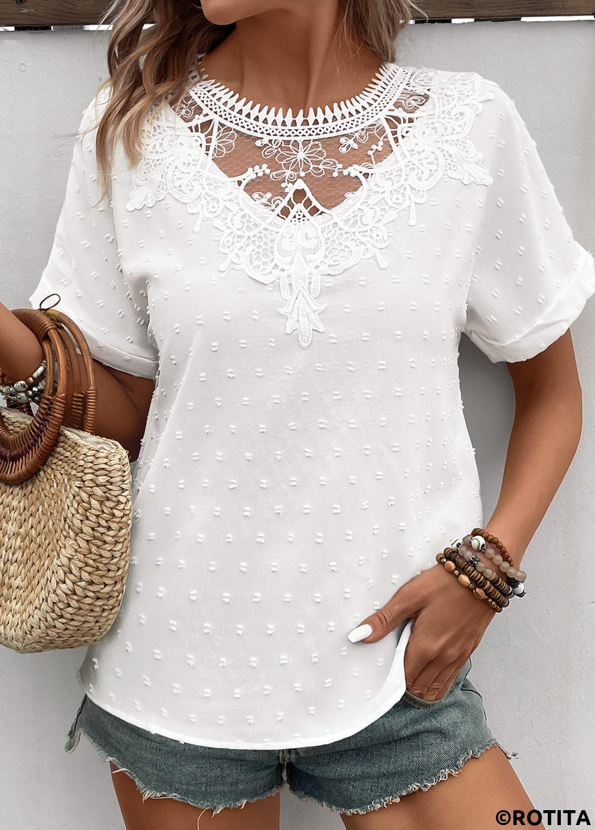 Patchwork White Round Neck Short Sleeve T Shirt