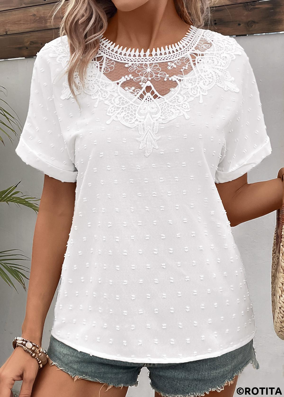 Patchwork White Round Neck Short Sleeve T Shirt