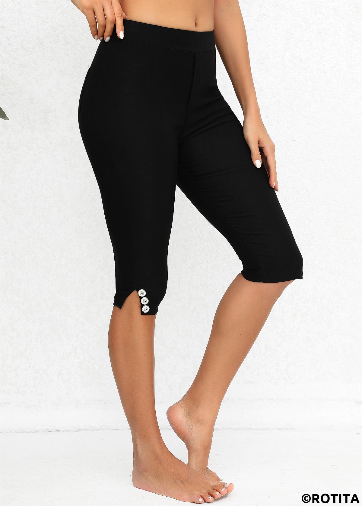 Black bottoms,Plain Color bottoms,Black Mid Waisted Elastic Waist Knee Length Leggings