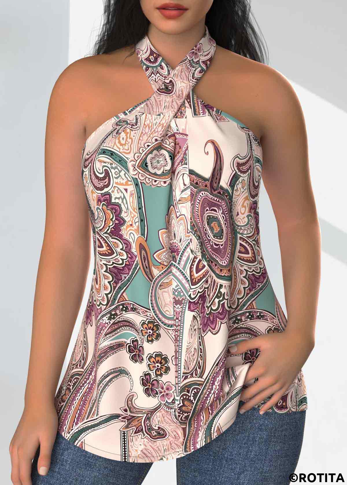 Rotita Twist Paisley-Druck mehrfarbiges Tanktop mit Kreuzkragen