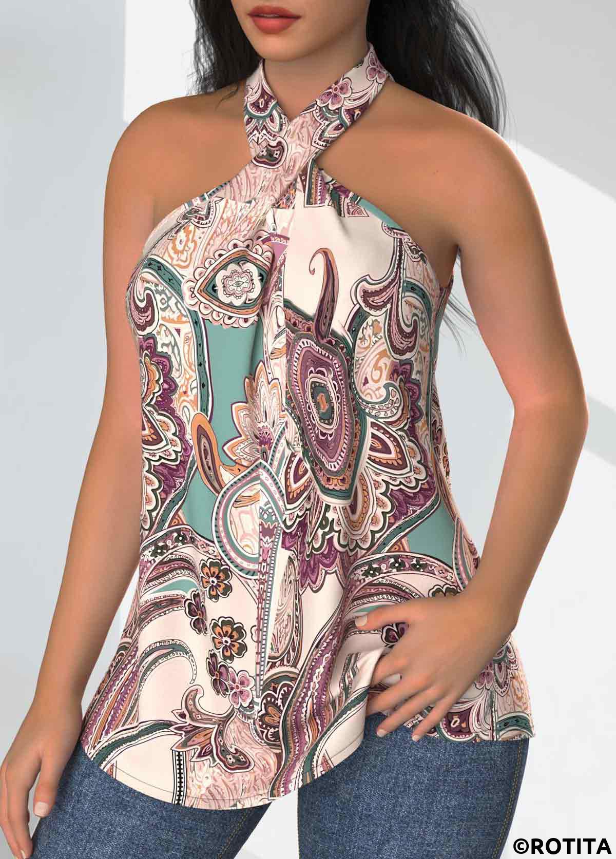 Rotita Twist Paisley-Druck mehrfarbiges Tanktop mit Kreuzkragen