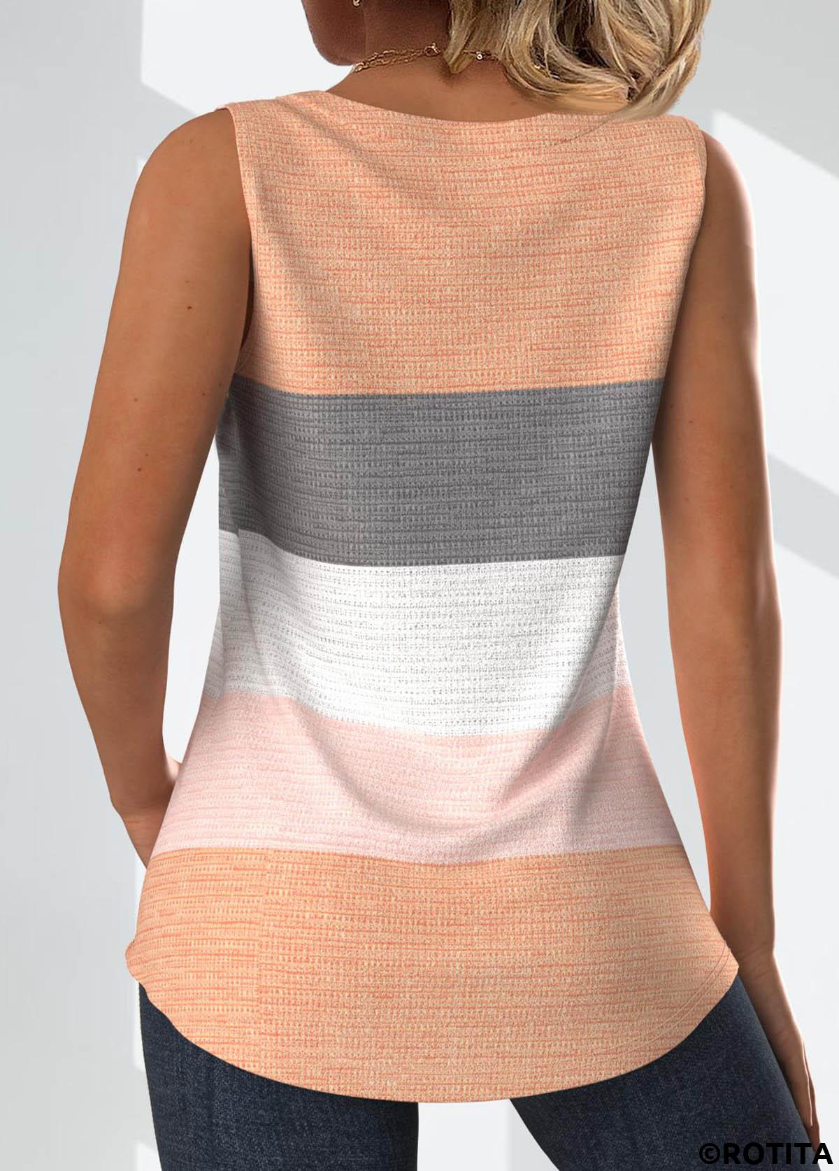 Dusty Pink plus size,Striped plus size,Geometric plus size,Contrast Color plus size,ROTITA Plus Size Button Dusty Pink Striped Sleeveless Tank Top