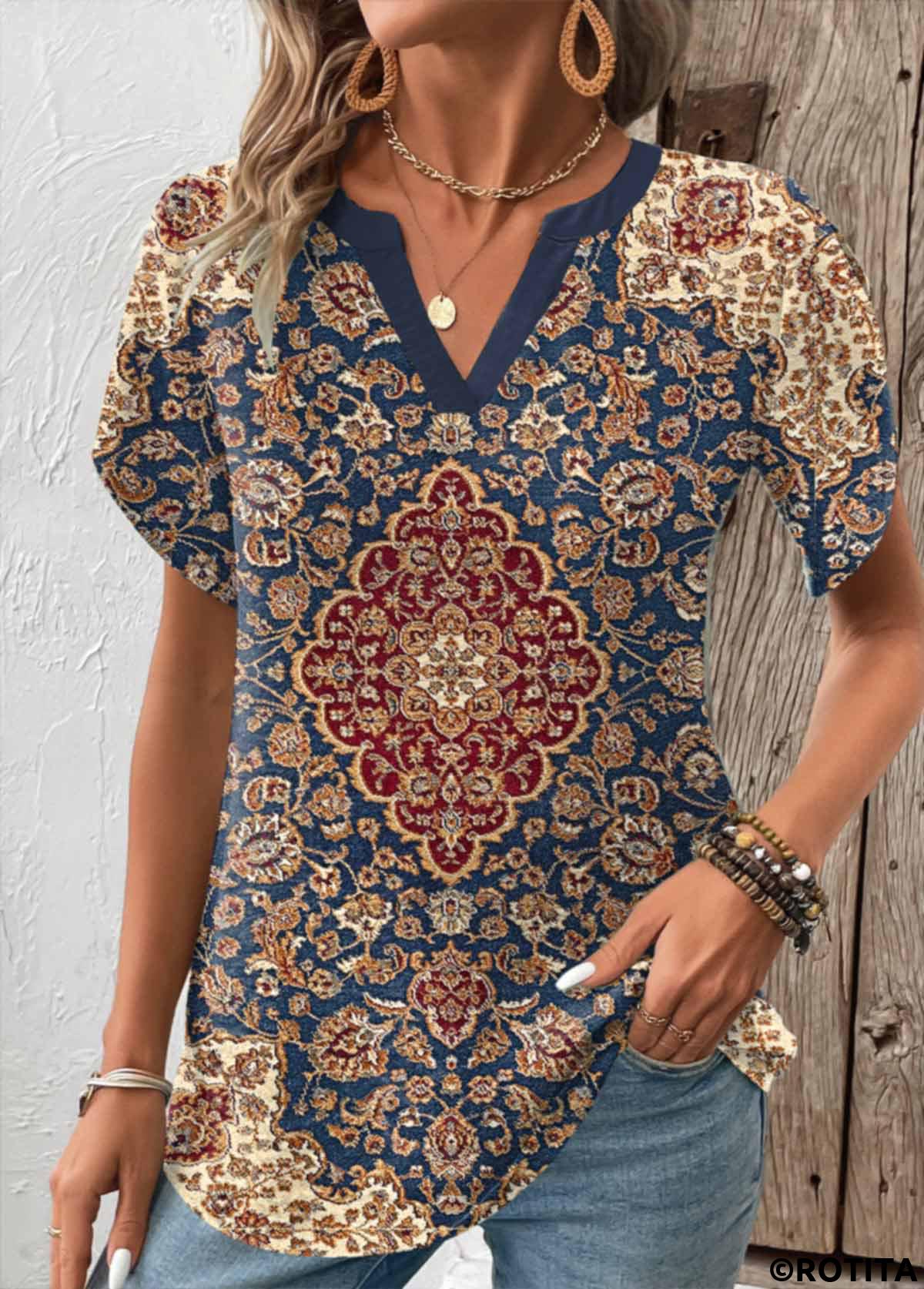 Multi Color tops,Tribal tops,ROTITA Split Tribal Print Multi Color Short Sleeve T Shirt