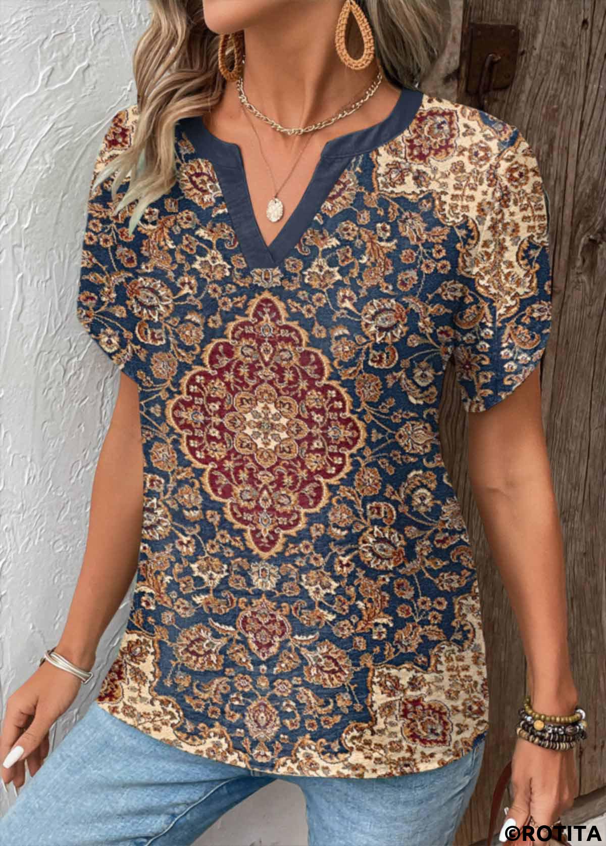 Multi Color tops,Tribal tops,ROTITA Split Tribal Print Multi Color Short Sleeve T Shirt