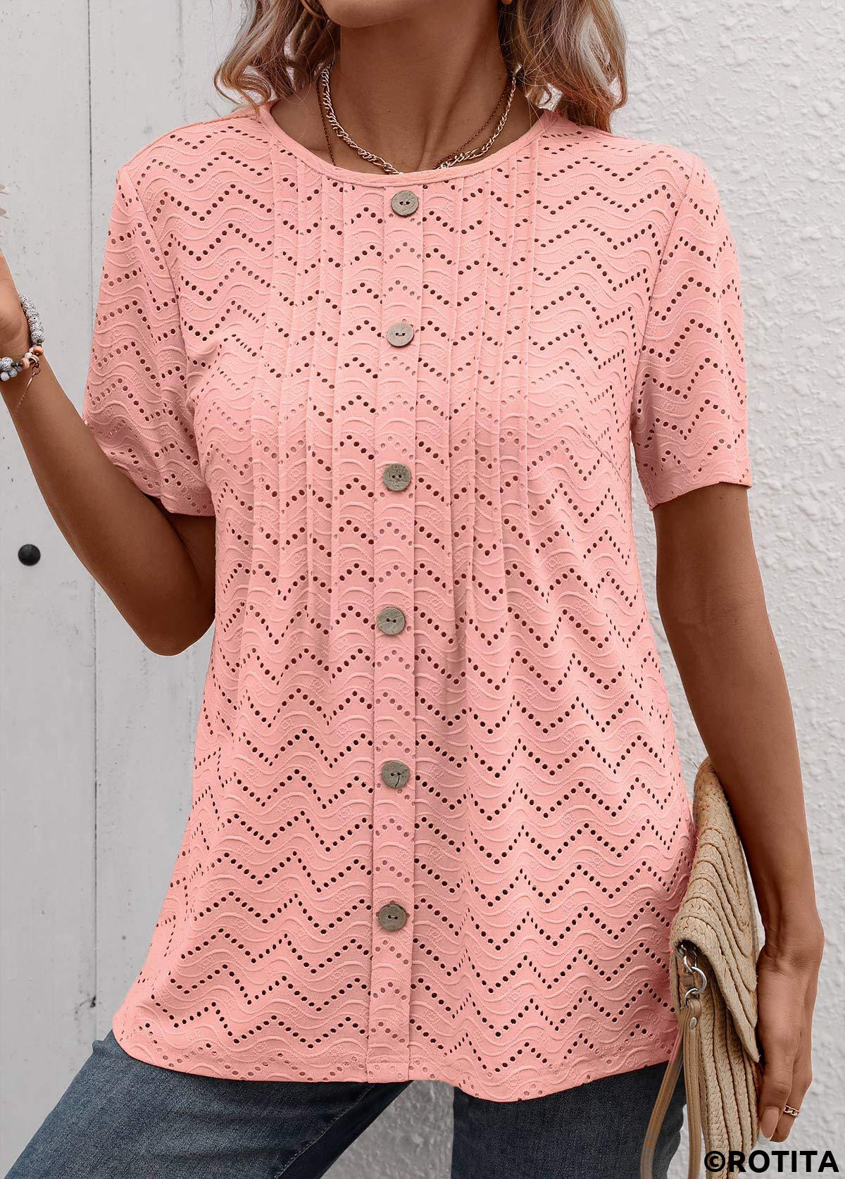 Tuck Stitch Light Pink Round Neck T Shirt