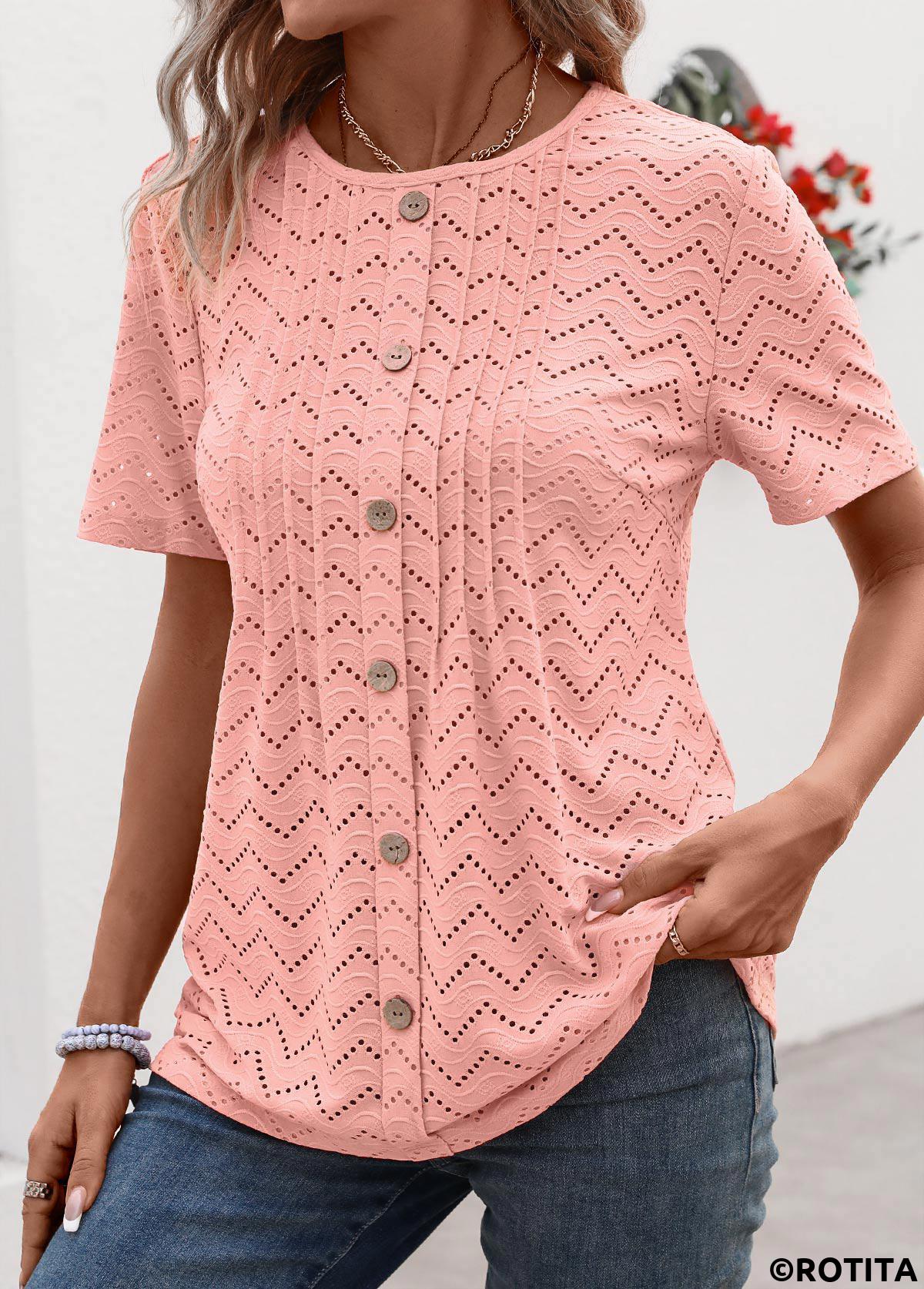 Tuck Stitch Light Pink Round Neck T Shirt