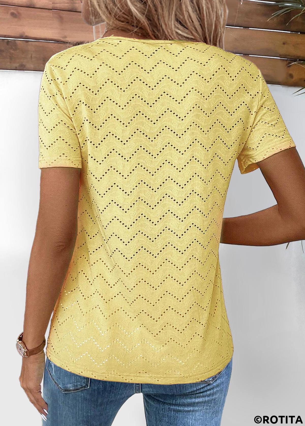 Light Yellow tops,Plain Color tops,ROTITA Tuck Stitch Light Yellow Round Neck T Shirt