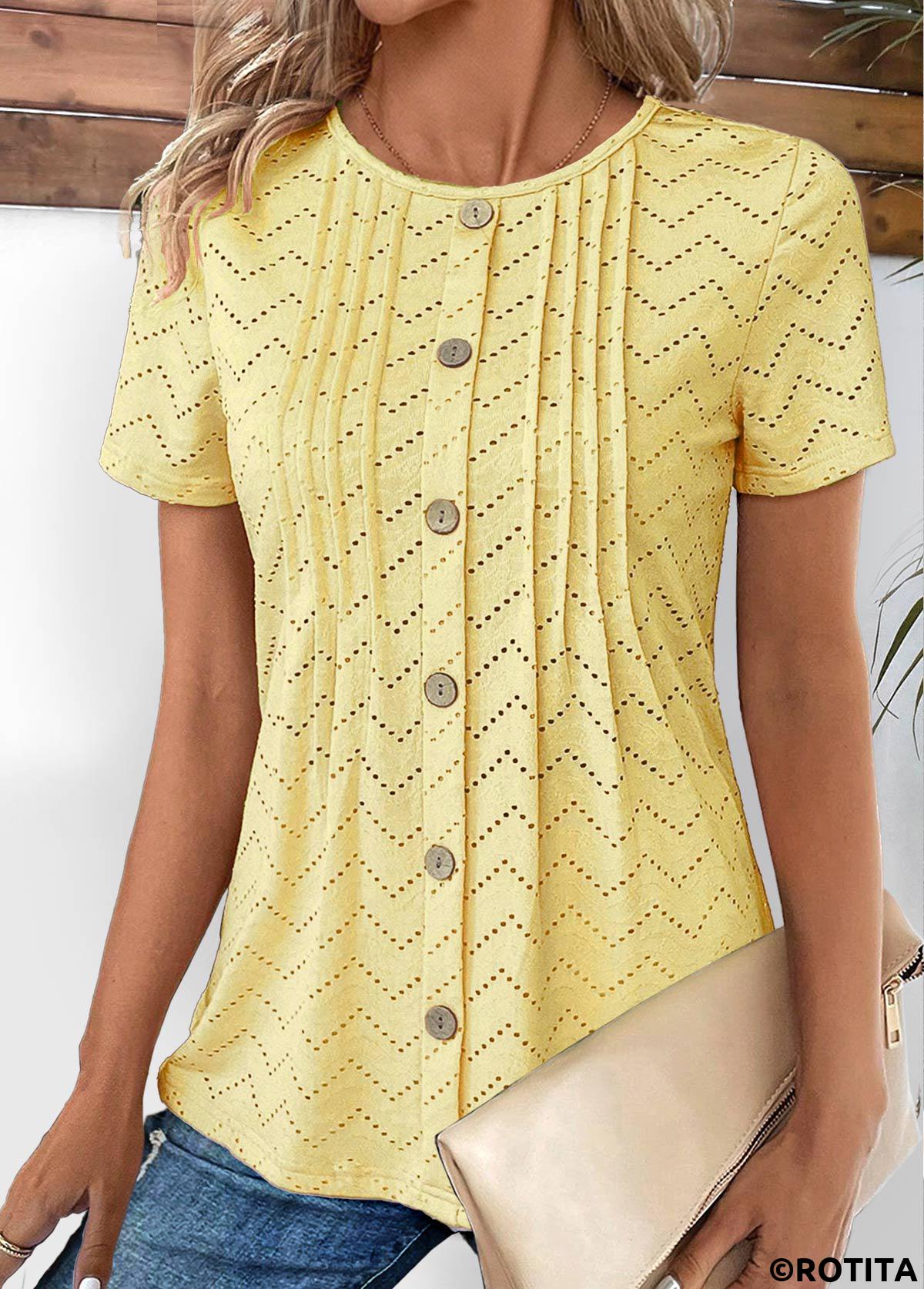 Light Yellow tops,Plain Color tops,ROTITA Tuck Stitch Light Yellow Round Neck T Shirt