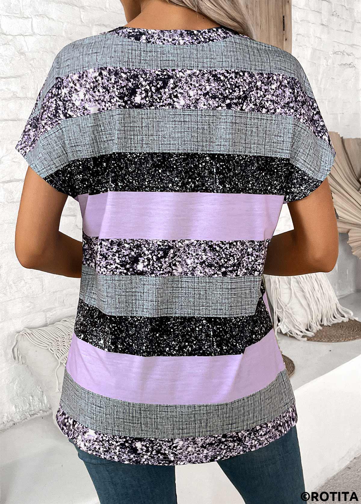 Light Purple tops,Striped tops,Geometric tops,ROTITA Button Striped Light Purple Split Neck Short Sleeve Blouse