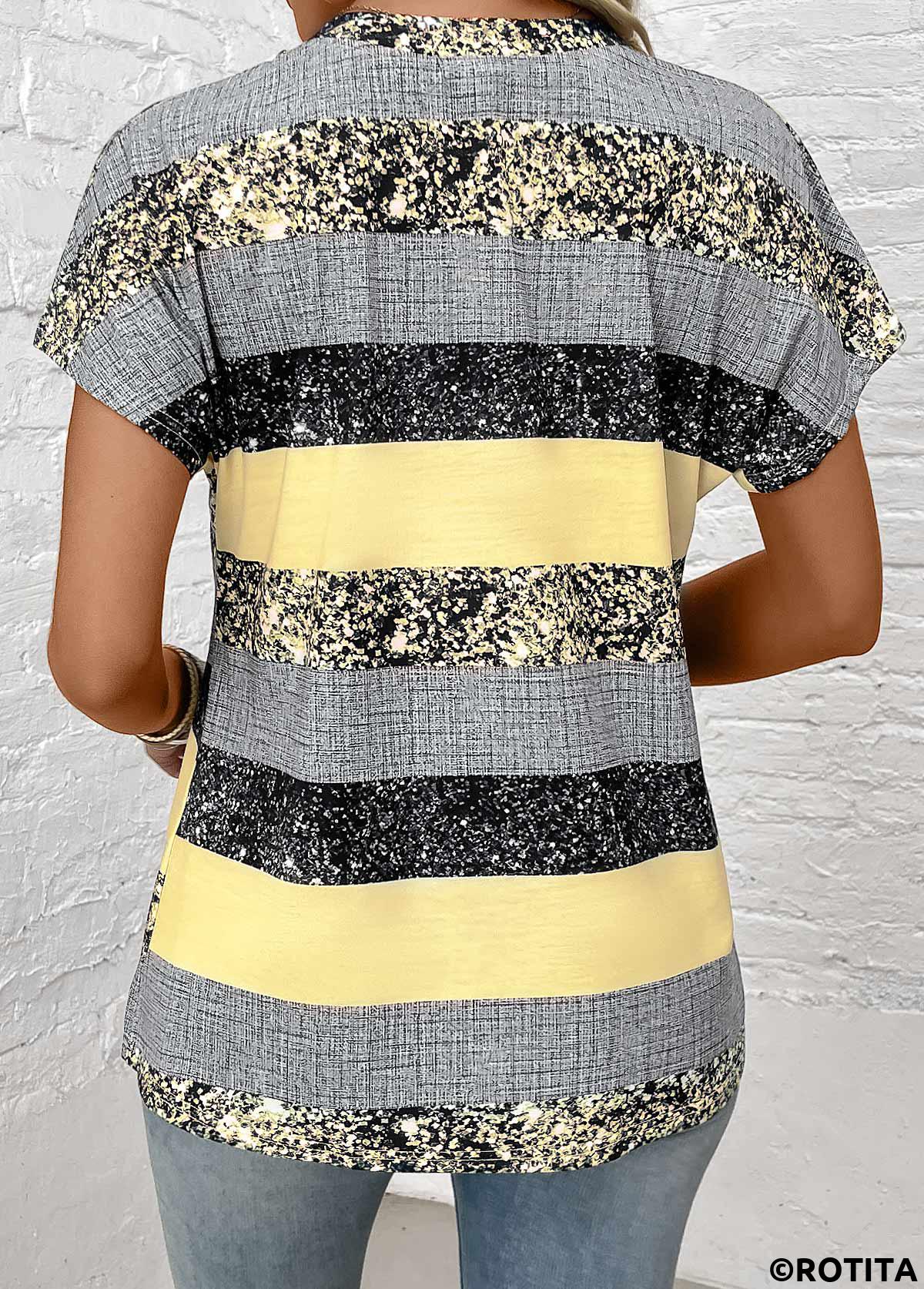 Light Yellow tops,Striped tops,Geometric tops,ROTITA Button Striped Light Yellow Split Neck Short Sleeve Blouse
