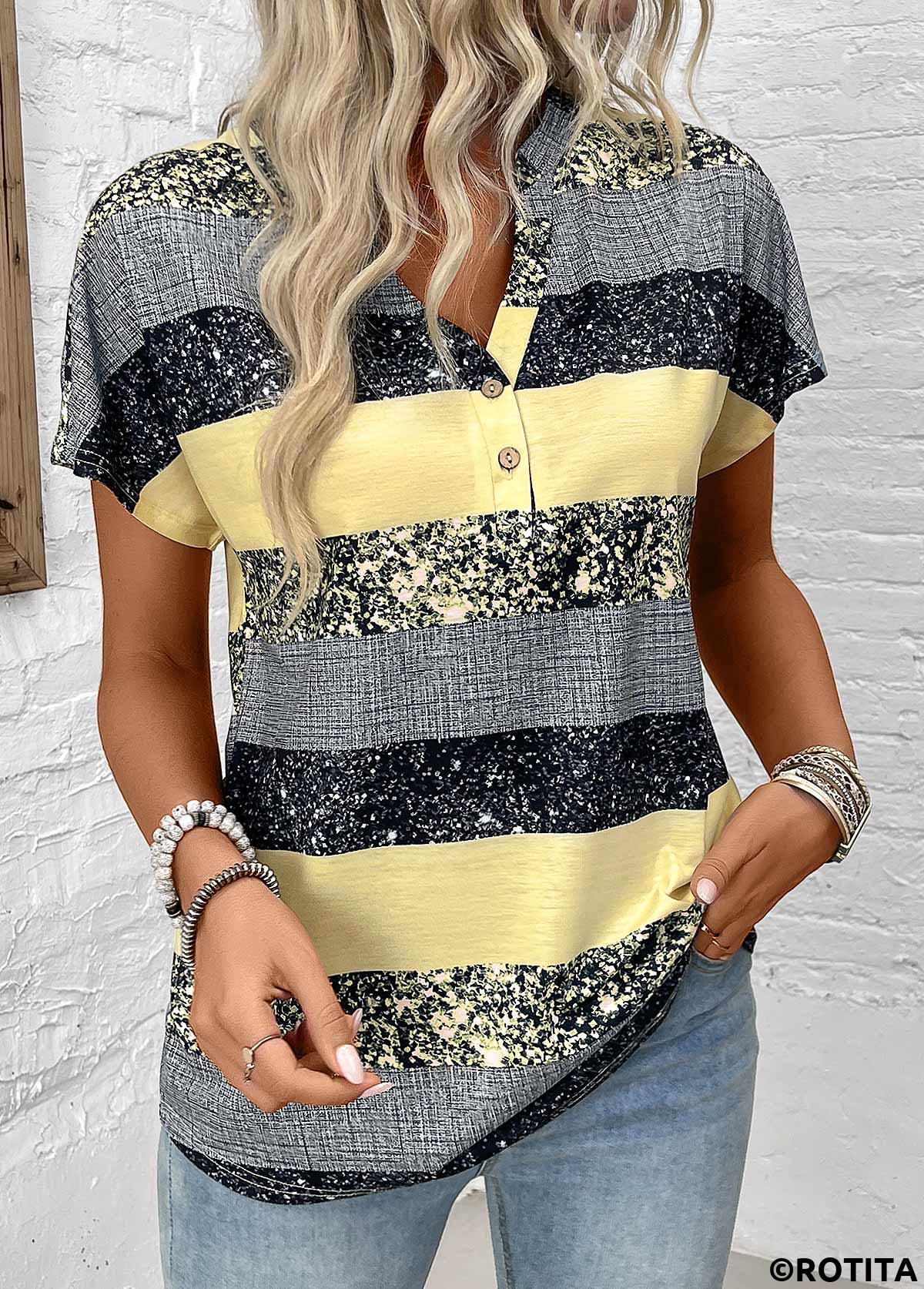 Light Yellow tops,Striped tops,Geometric tops,ROTITA Button Striped Light Yellow Split Neck Short Sleeve Blouse
