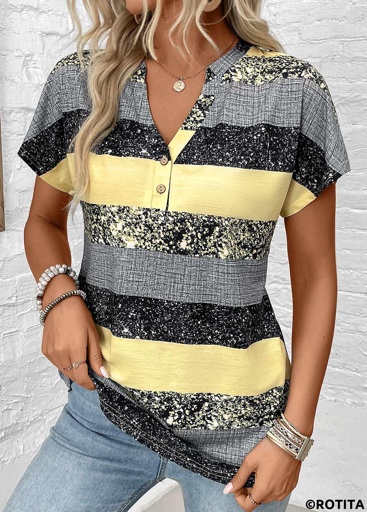 Light Yellow tops,Striped tops,Geometric tops,ROTITA Button Striped Light Yellow Split Neck Short Sleeve Blouse
