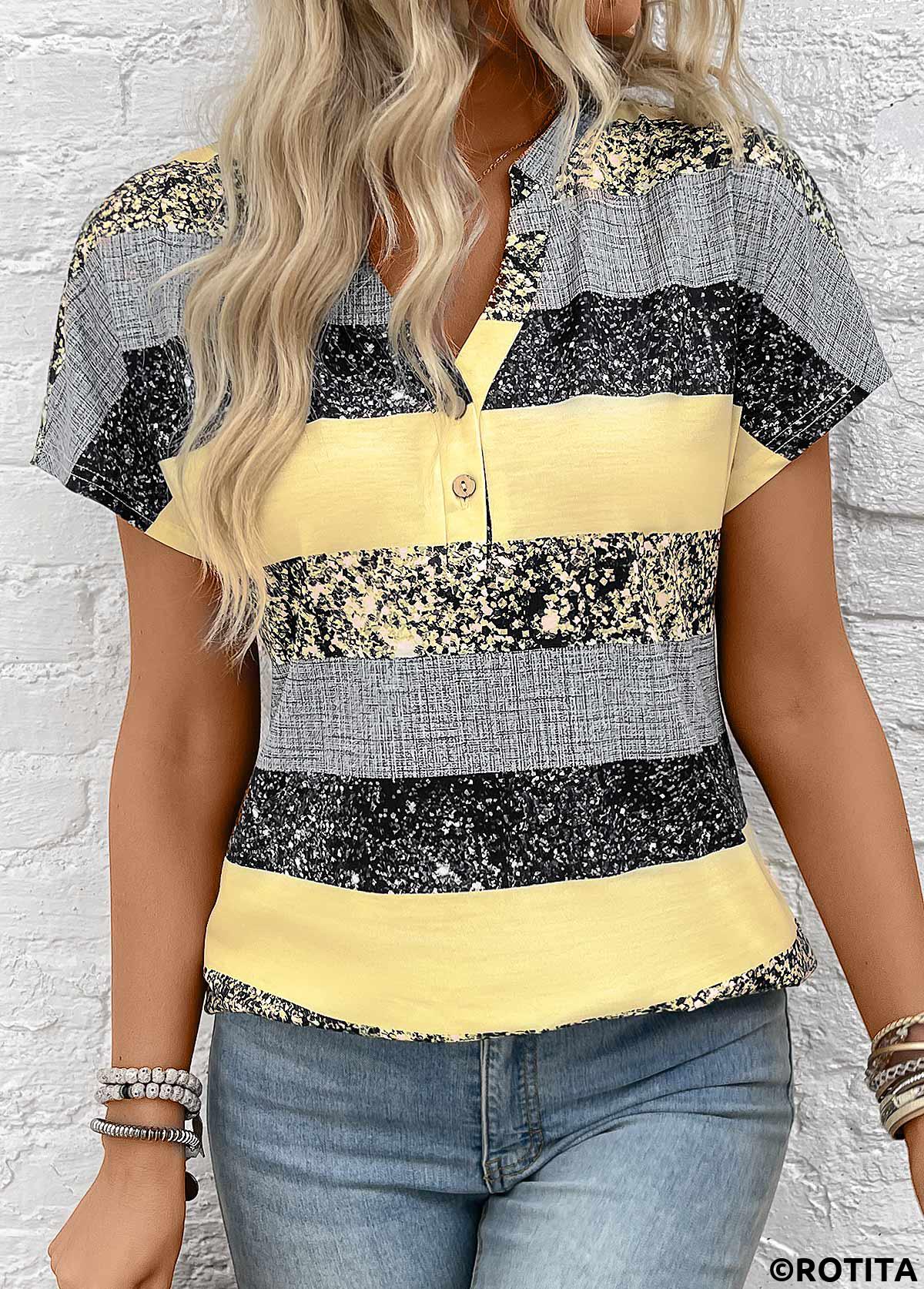 Light Yellow tops,Striped tops,Geometric tops,ROTITA Button Striped Light Yellow Split Neck Short Sleeve Blouse