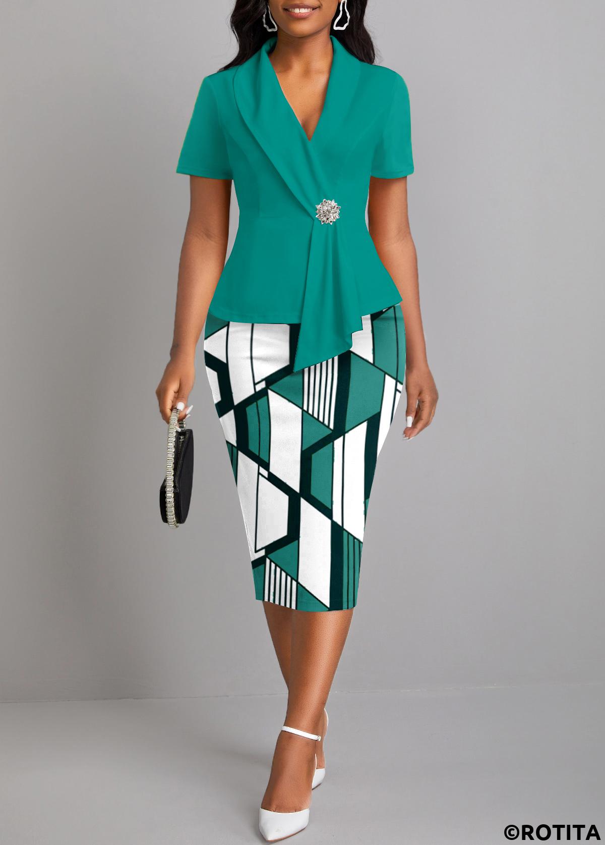 Turquoise dresses,Geometric dresses,Striped dresses,Everyday dresses,Casual dresses,ROTITA Fake 2in1 Geometric Print Turquoise Lapel Bodycon Dress