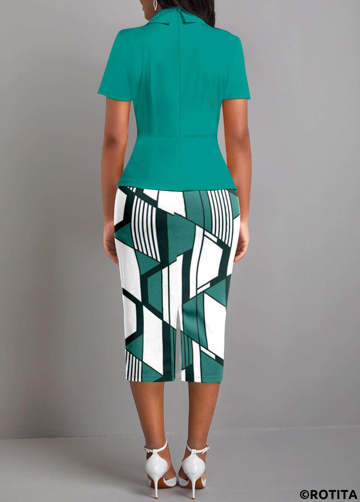 Turquoise dresses,Geometric dresses,Striped dresses,Everyday dresses,Casual dresses,ROTITA Fake 2in1 Geometric Print Turquoise Lapel Bodycon Dress