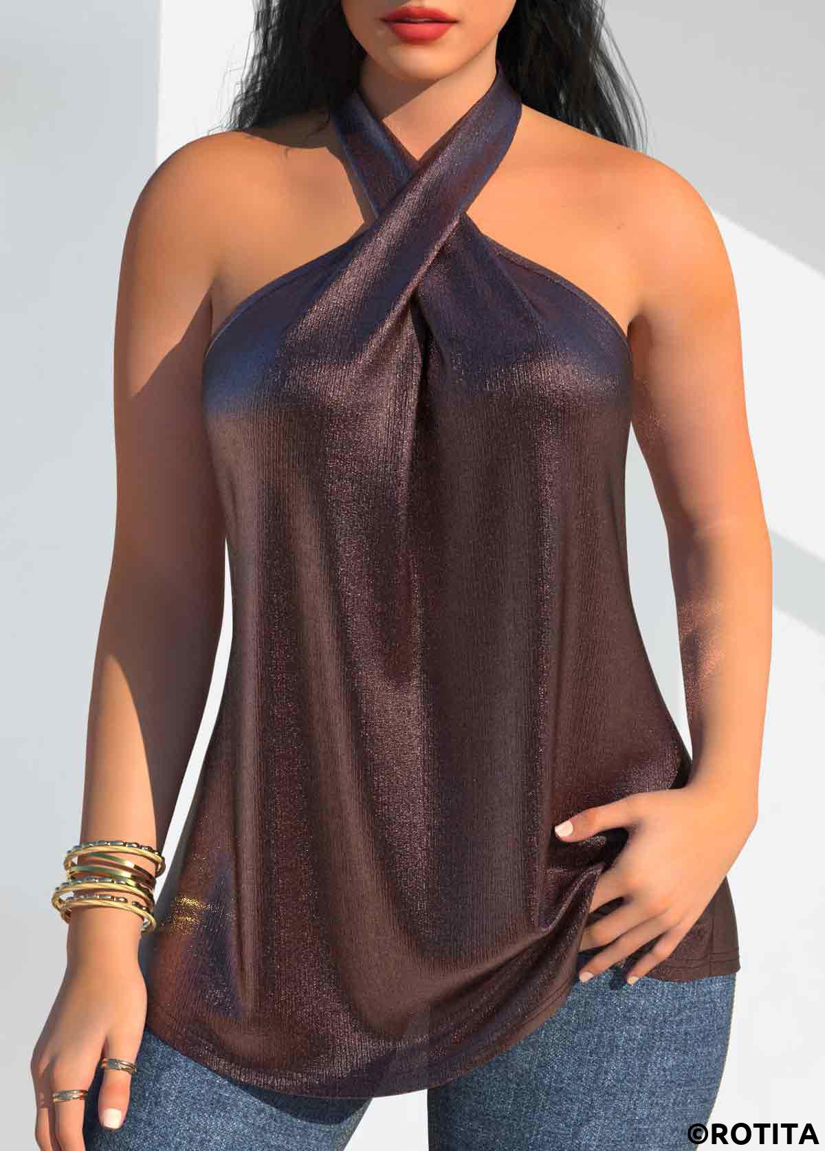 Dark Coffee tops,Plain Color tops,ROTITA Hot Stamping Dark Coffee Halter Sleeveless Tank Top