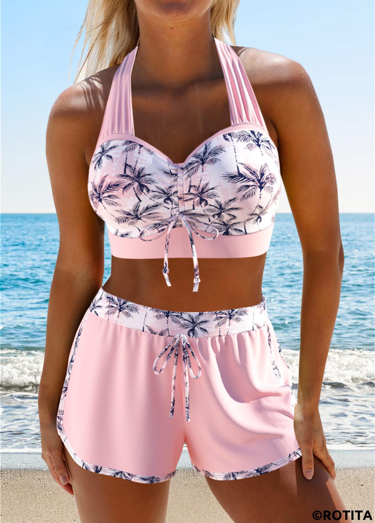 Light Pink swimwear,Plants swimwear,ROTITA Drawstring Light Pink Tropical Plants Print Bikini Set