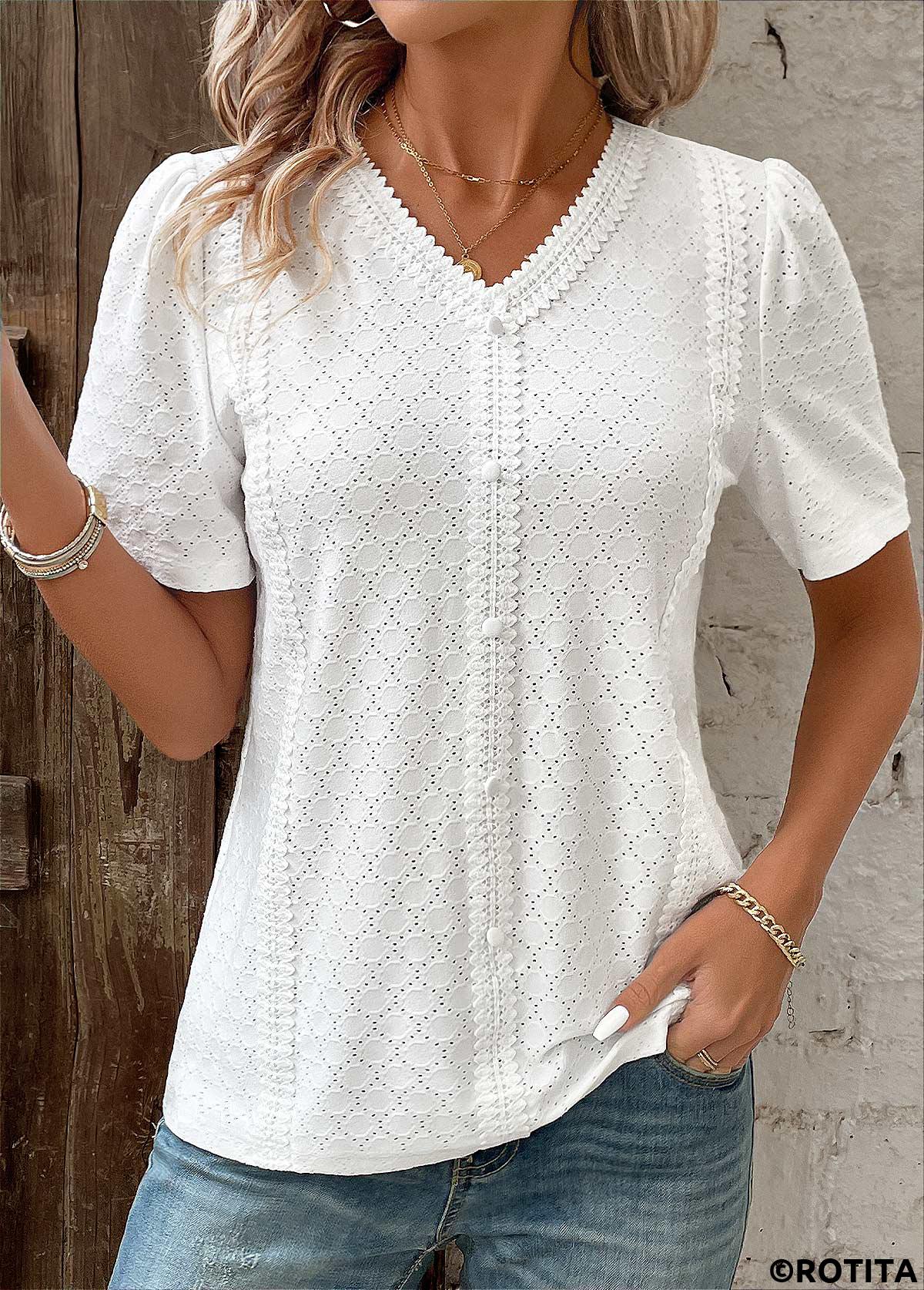 Rotita patchwork chemisier blanc à manches courtes et col en V