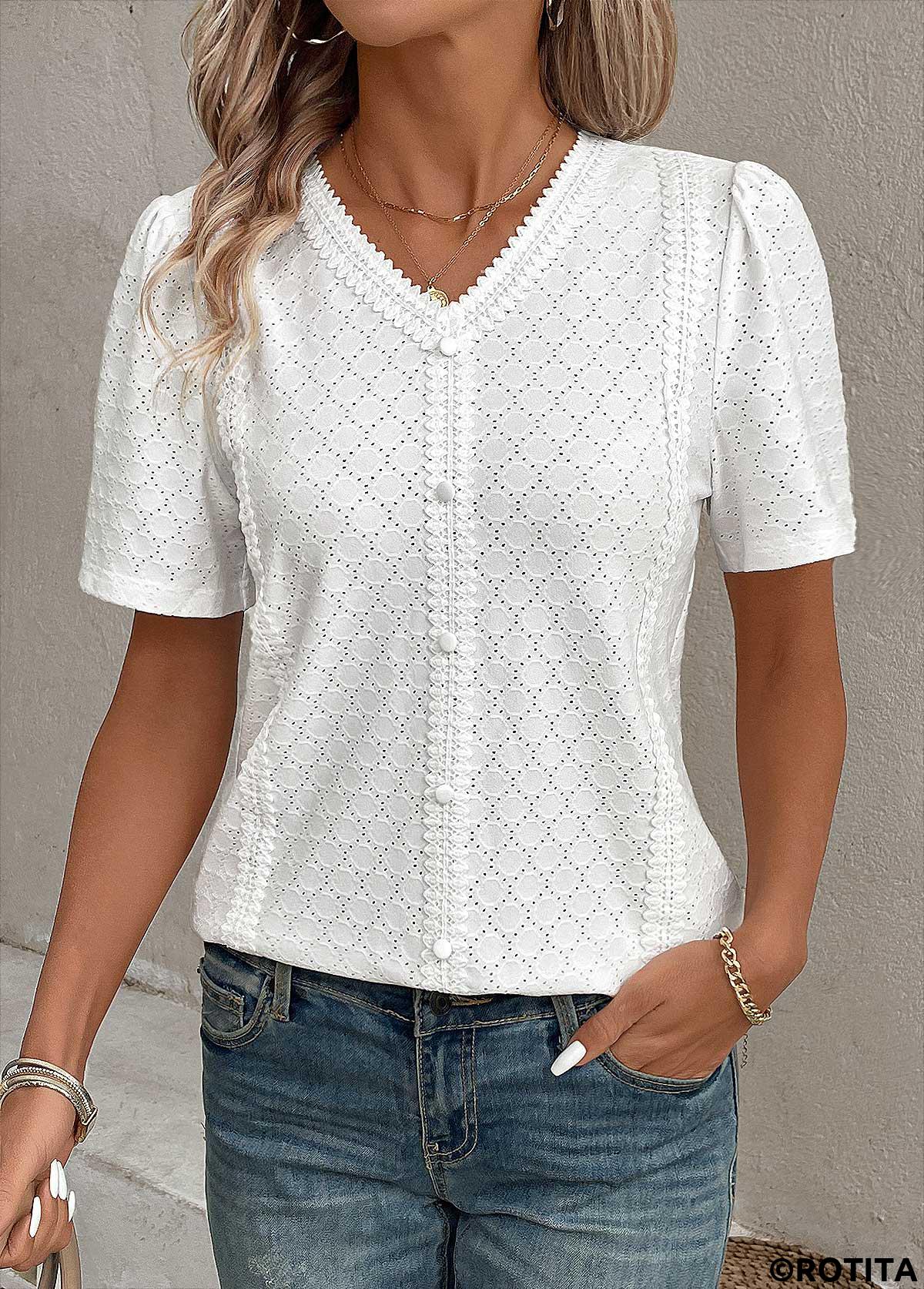 White plus size,Plain Color plus size,ROTITA Patchwork White V Neck Short Sleeve Blouse