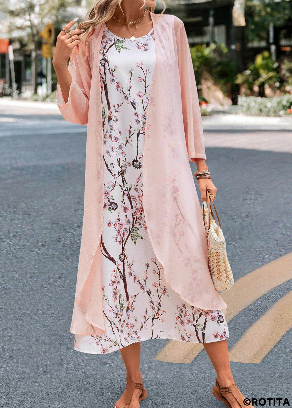 Pink dresses,White dresses,Floral dresses,Plants dresses,Everyday dresses,Casual dresses,ROTITA Plus Size Floral Print Pink Maxi Dress and Cardigan
