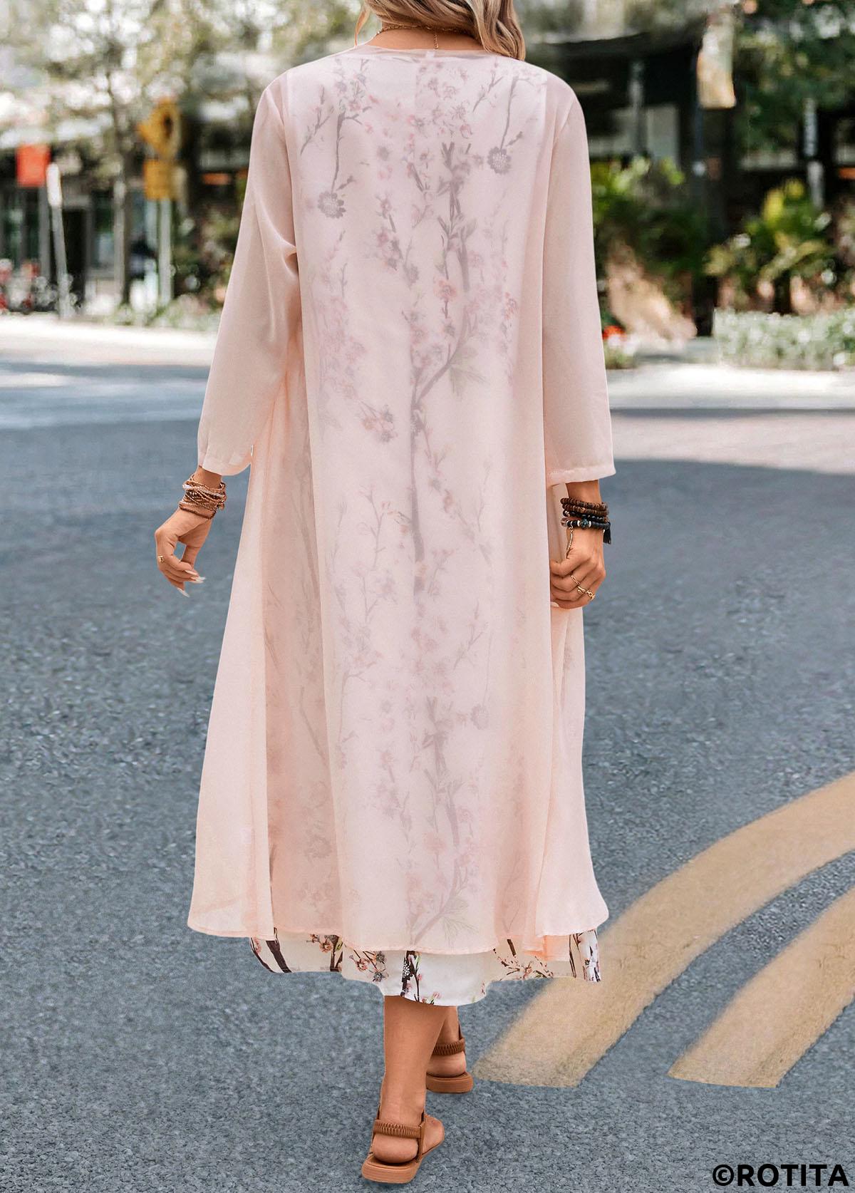 Pink dresses,White dresses,Floral dresses,Plants dresses,Everyday dresses,Casual dresses,ROTITA Plus Size Floral Print Pink Maxi Dress and Cardigan