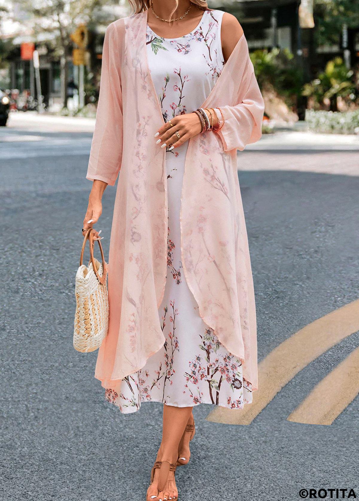 Pink dresses,White dresses,Floral dresses,Plants dresses,Everyday dresses,Casual dresses,ROTITA Plus Size Floral Print Pink Maxi Dress and Cardigan