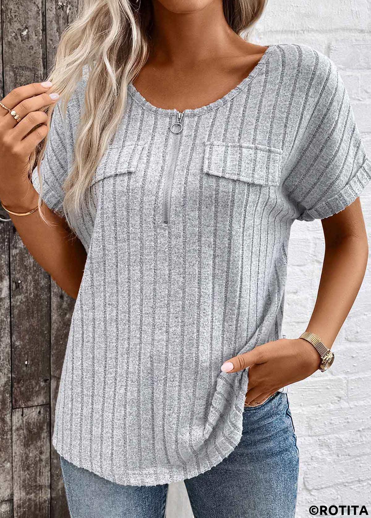 Light Grey Marl tops,Plain Color tops,ROTITA Zipper Light Grey Marl V Neck Short Sleeve Blouse