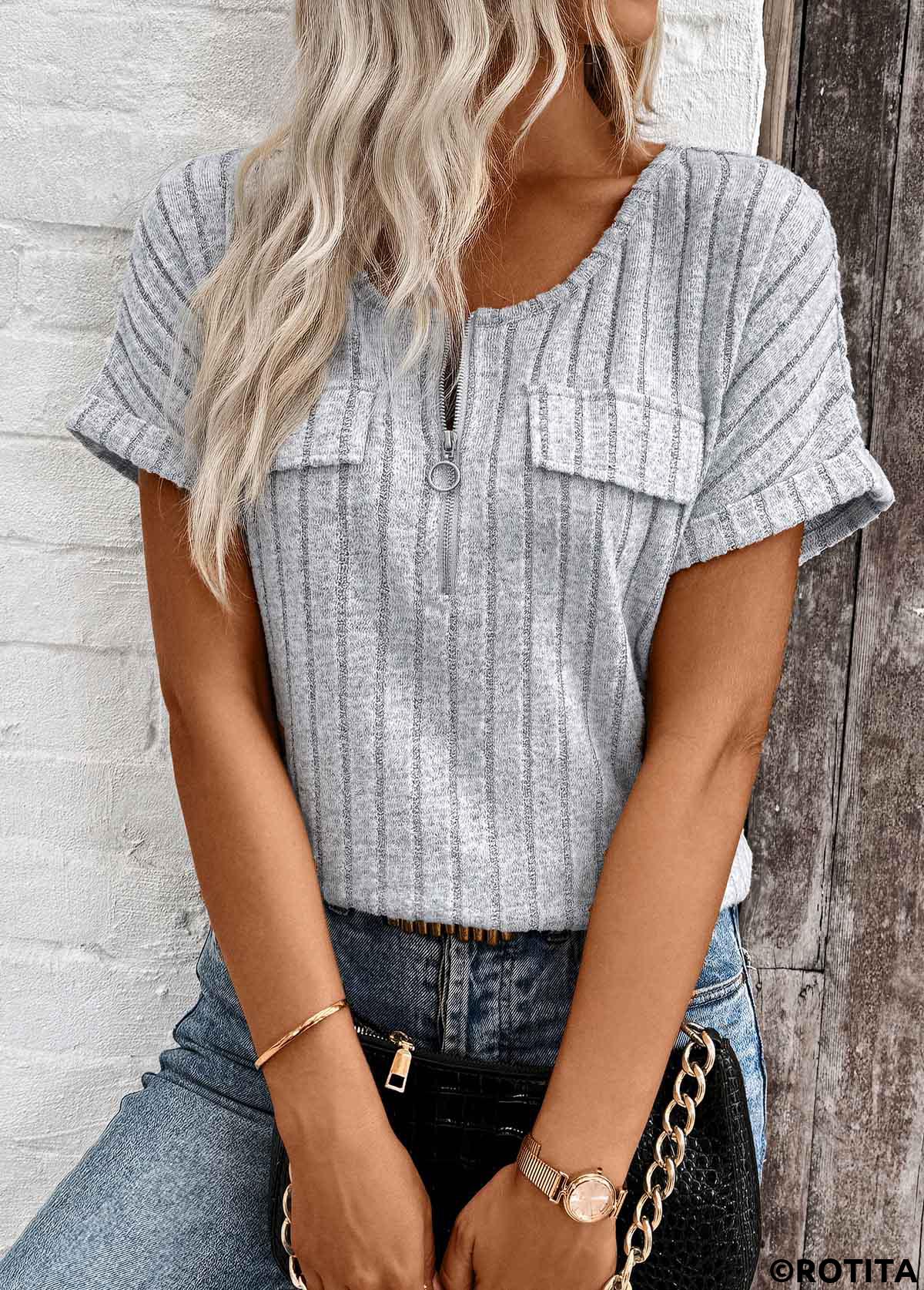 Light Grey Marl tops,Plain Color tops,ROTITA Zipper Light Grey Marl V Neck Short Sleeve Blouse