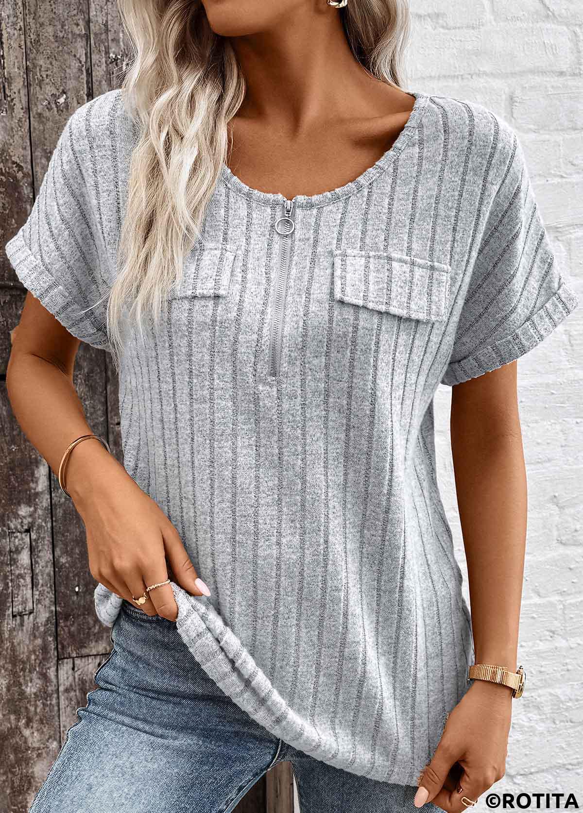 Light Grey Marl tops,Plain Color tops,ROTITA Zipper Light Grey Marl V Neck Short Sleeve Blouse