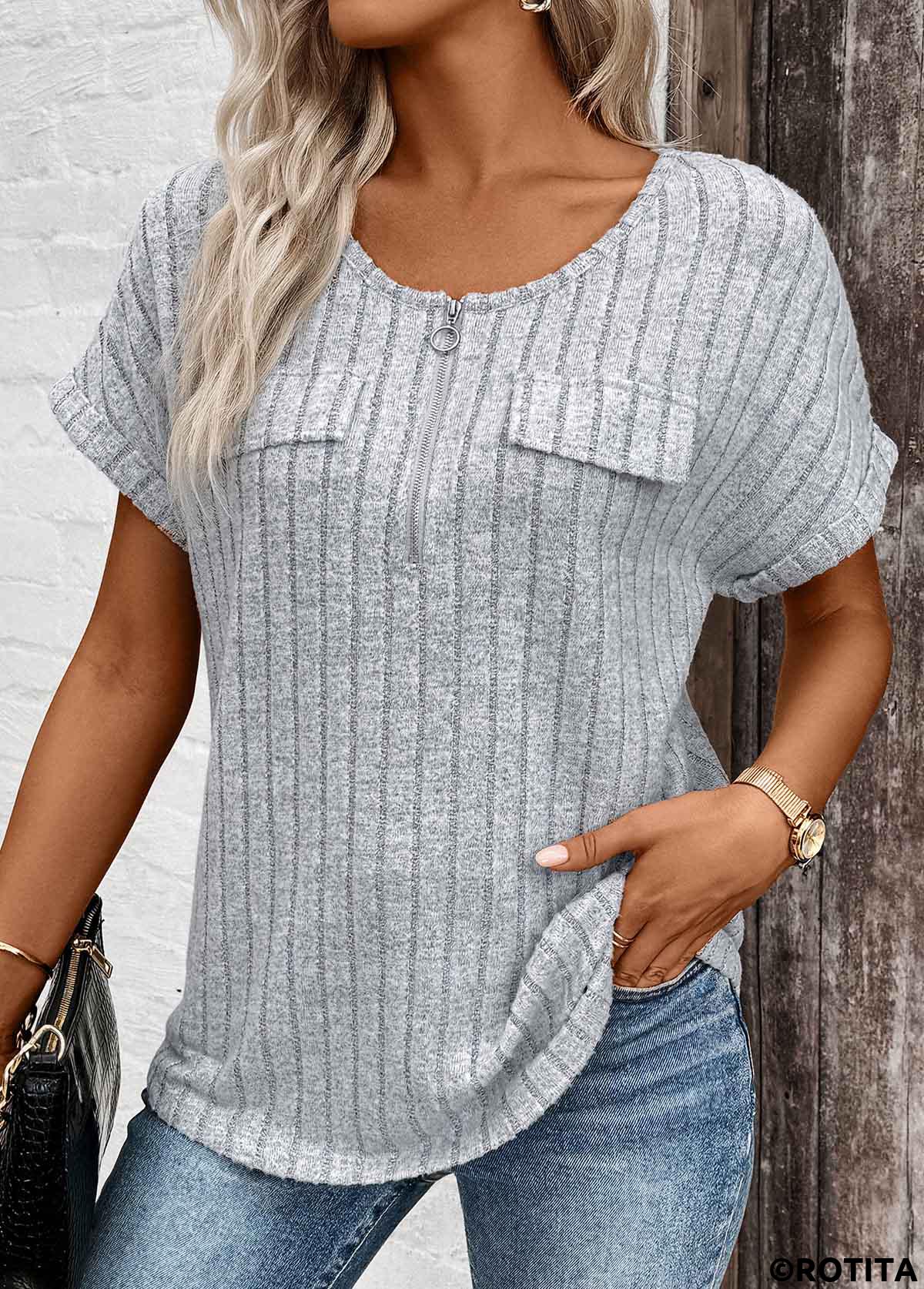 Light Grey Marl tops,Plain Color tops,ROTITA Zipper Light Grey Marl V Neck Short Sleeve Blouse