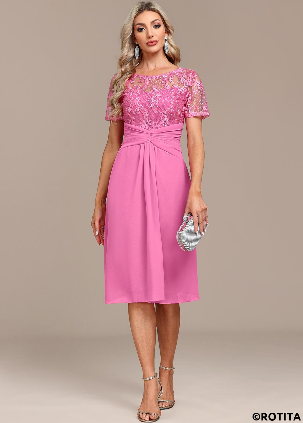 Pink dresses,Plain Color dresses,Party dresses,Elegant dresses,ROTITA Lace Split Pink H Shape Dress