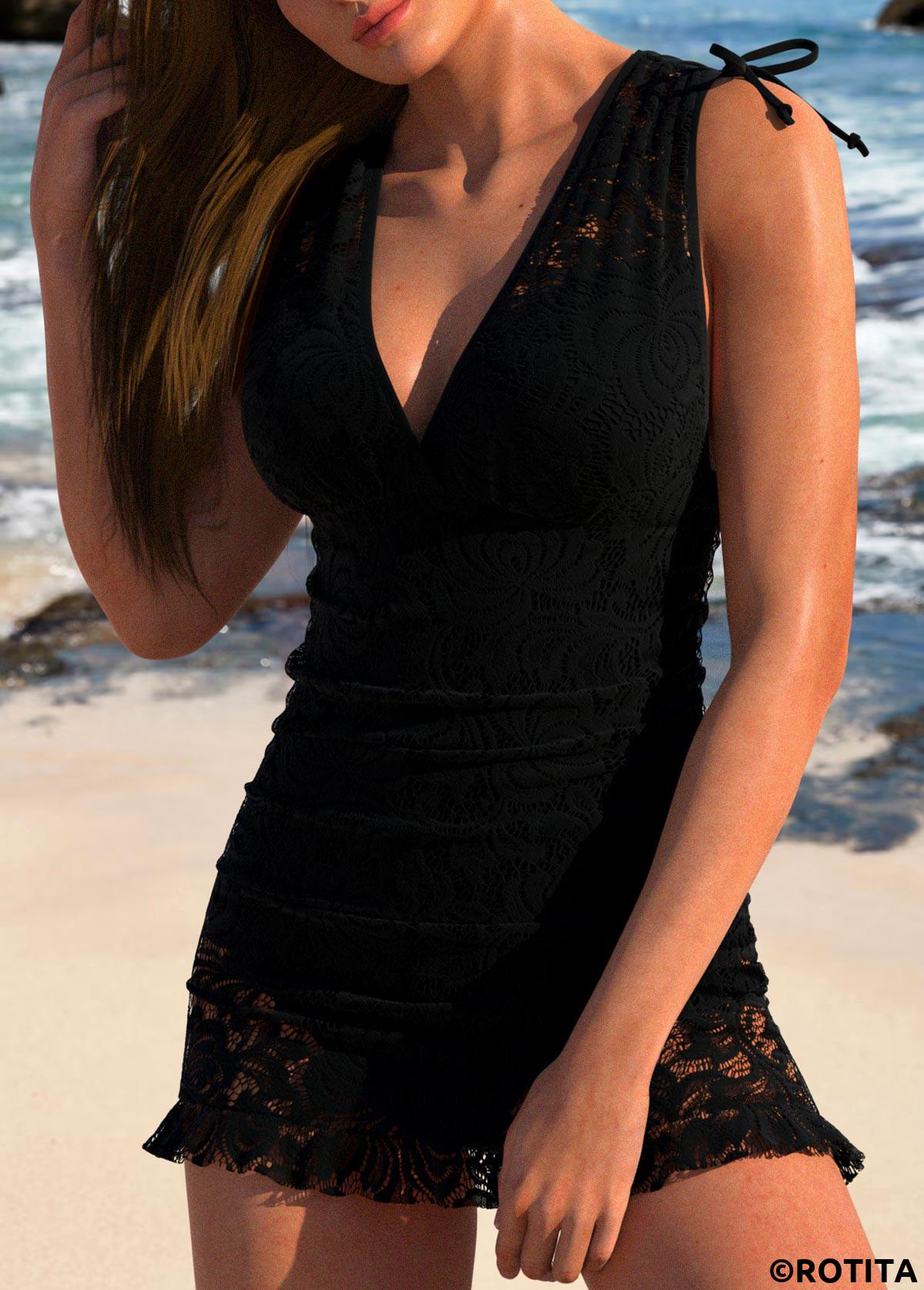 Black swimwear,Plain Color swimwear,ROTITA Wide Strap Lace Black One Piece Swimdress
