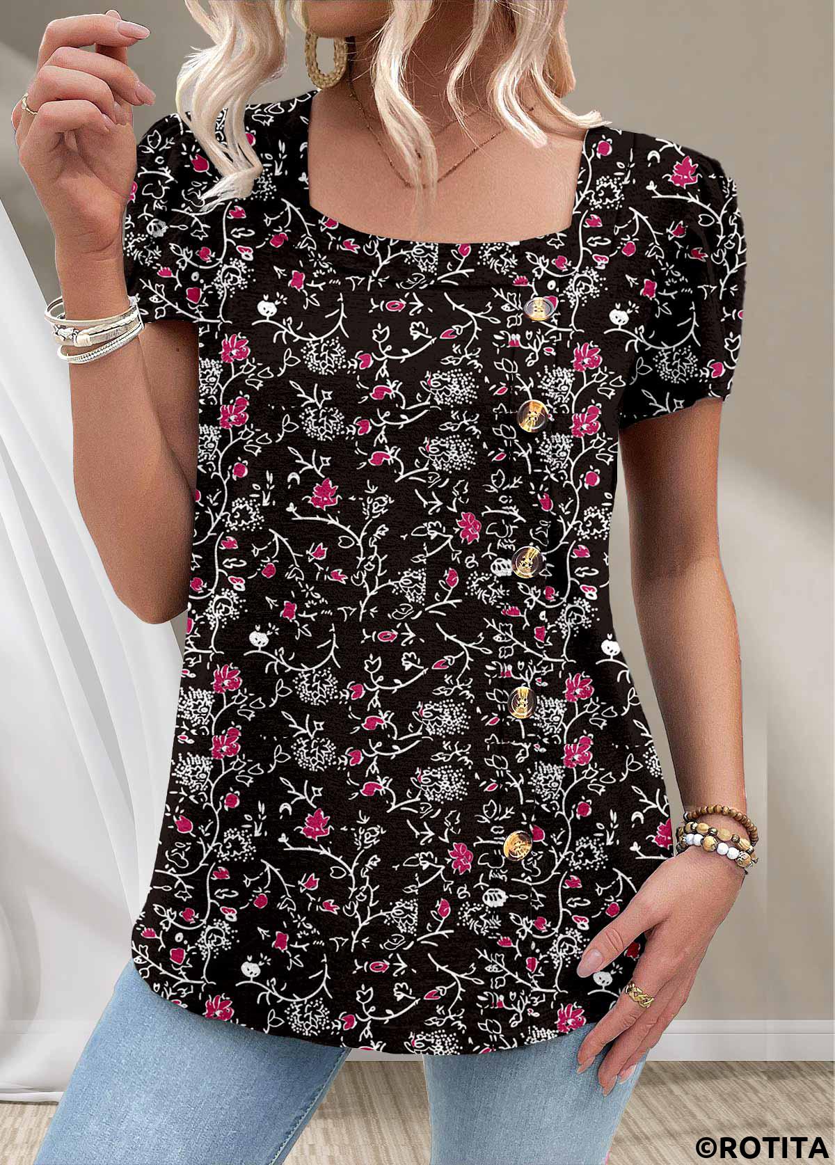 Black plus size,Ditsy Floral plus size,Floral plus size,Plants plus size,ROTITA Plus Size Button Black Ditsy Floral Print T Shirt