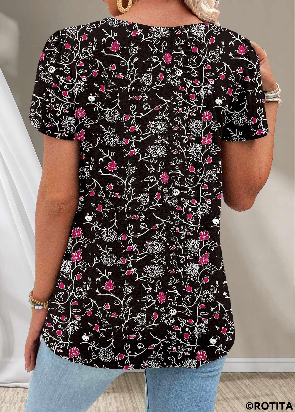 Black plus size,Ditsy Floral plus size,Floral plus size,Plants plus size,ROTITA Plus Size Button Black Ditsy Floral Print T Shirt