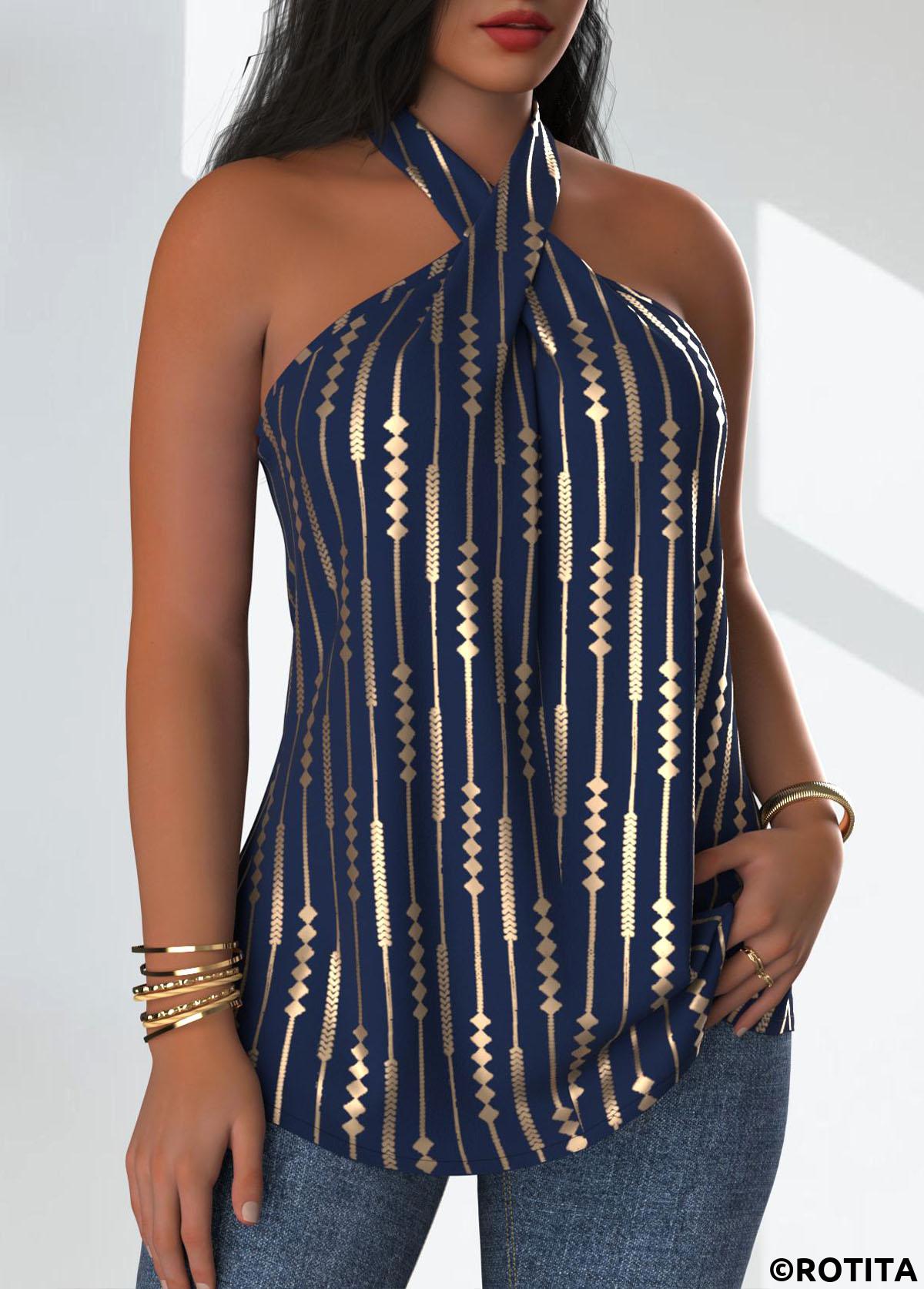 Navy tops,Geometric tops,ROTITA Criss Cross Geometric Print Navy Sleeveless Tank Top