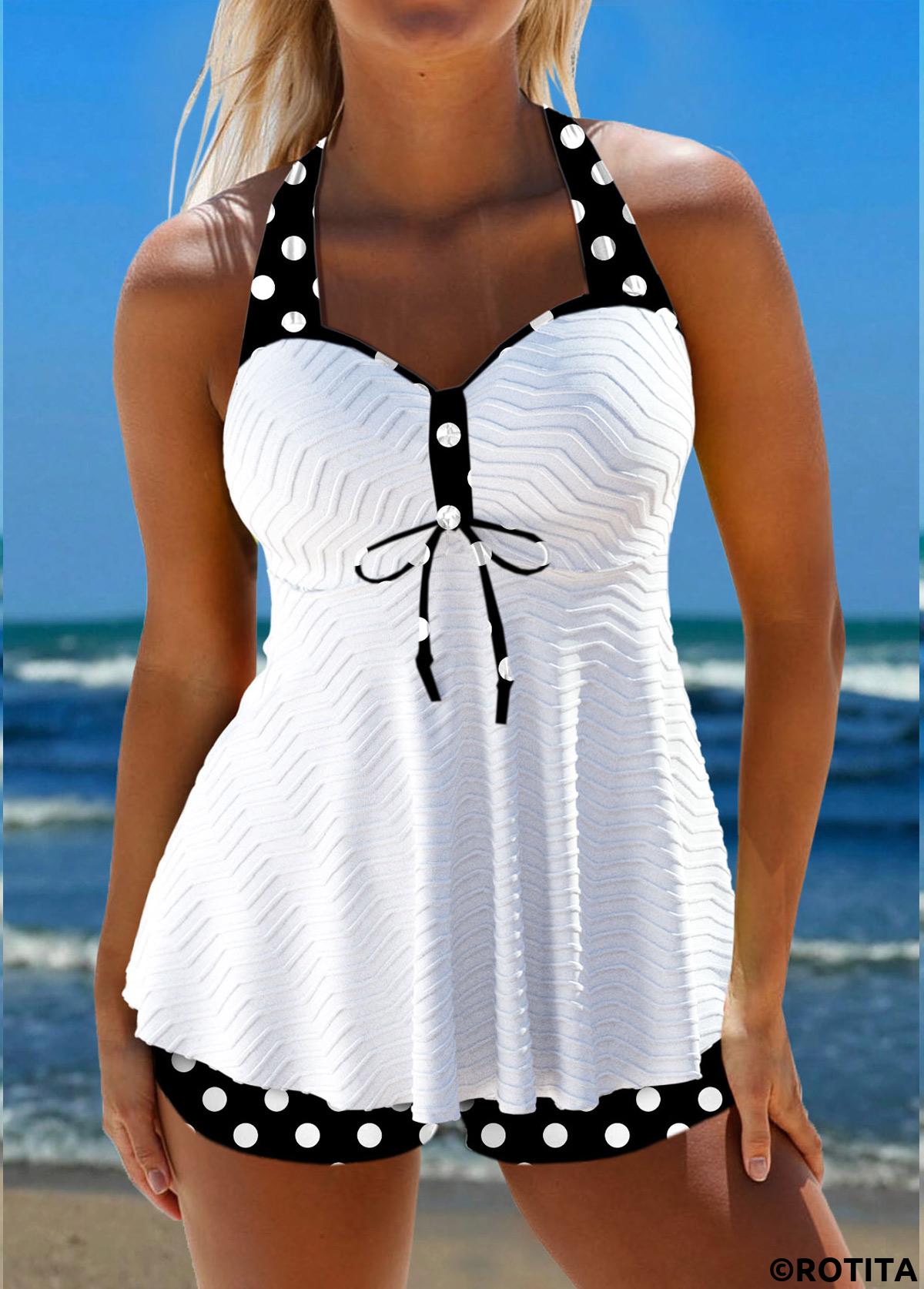 White swimwear,Black swimwear,Dot swimwear,ROTITA Jacquard White Polka Dot Tankini Set