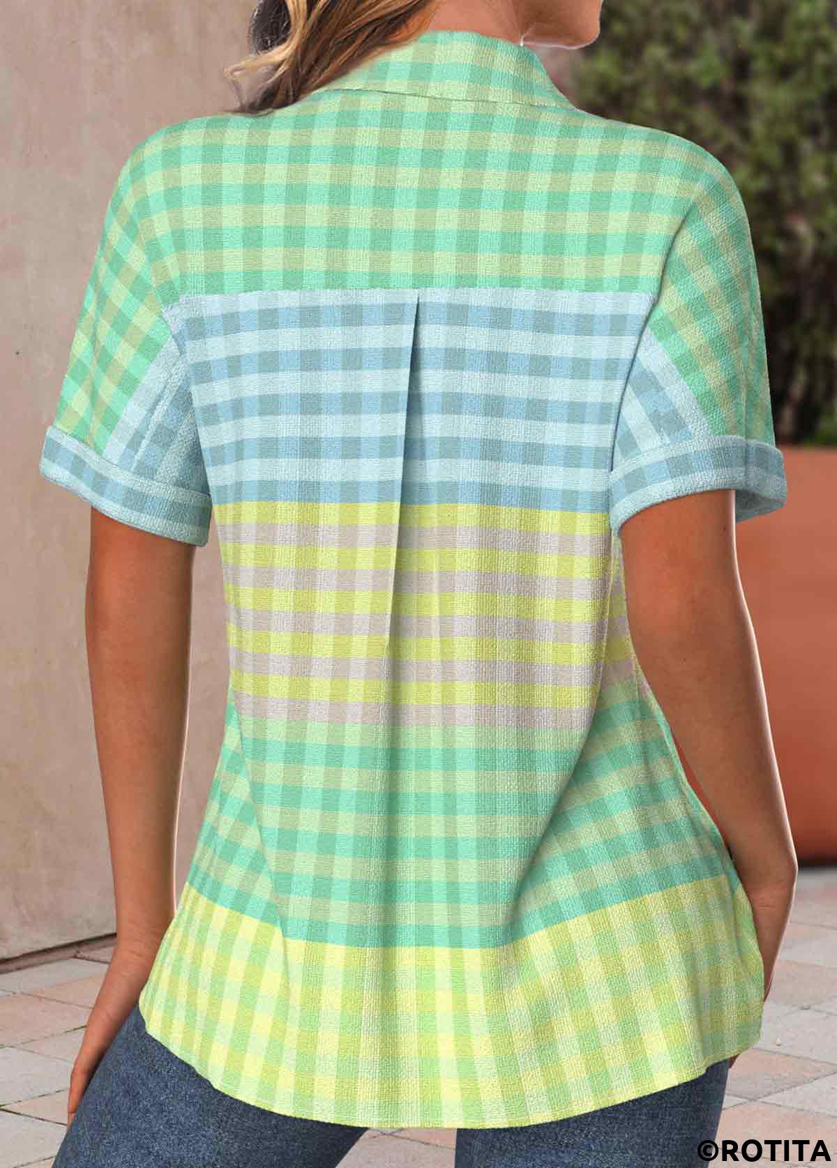 Multi Color tops,Green tops,Plaid tops,Striped tops,Geometric tops,ROTITA Pocket Plaid Multi Color Shirt Collar Short Sleeve Blouse