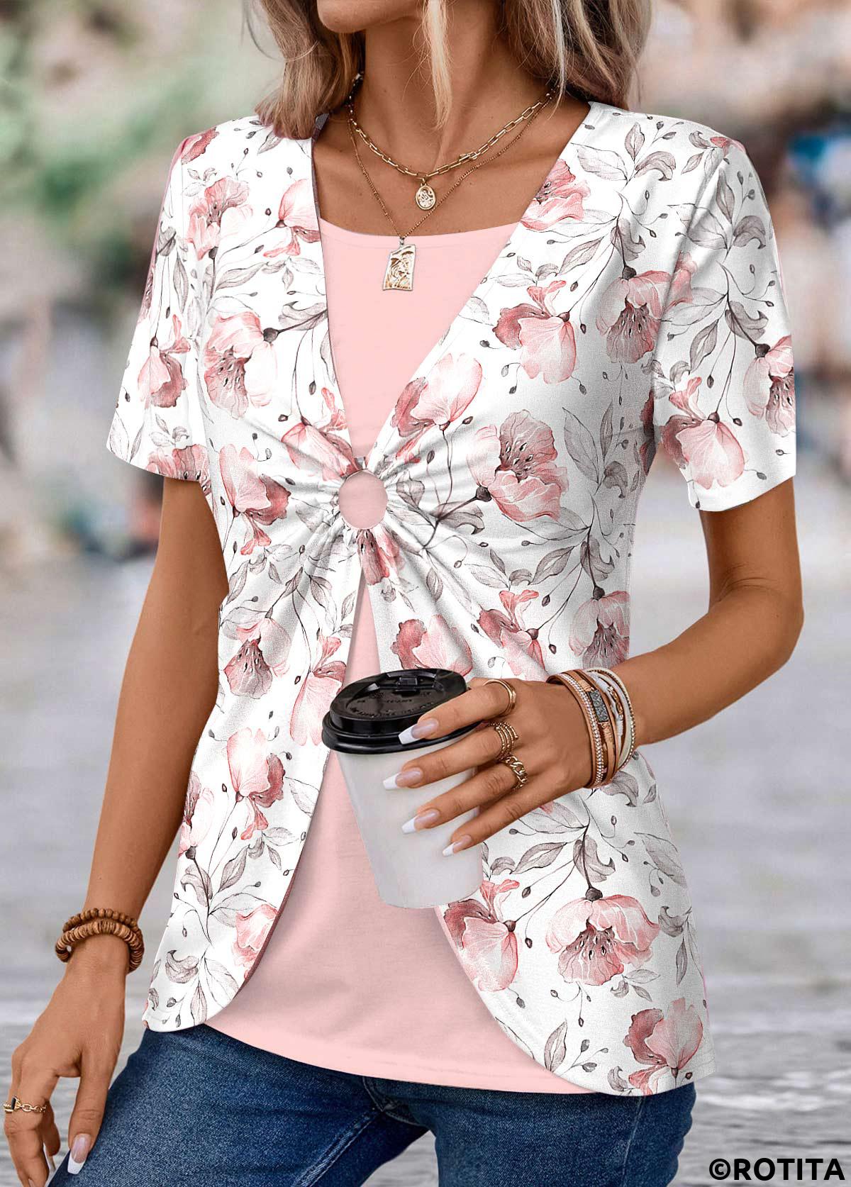 Light Pink tops,White tops,Floral tops,Plants tops,ROTITA Fake 2in1 Floral Print Light Pink T Shirt