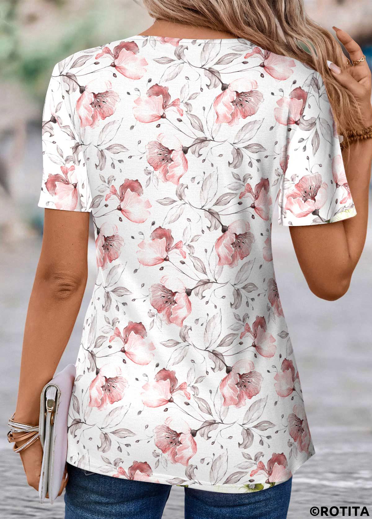 Light Pink tops,White tops,Floral tops,Plants tops,ROTITA Fake 2in1 Floral Print Light Pink T Shirt