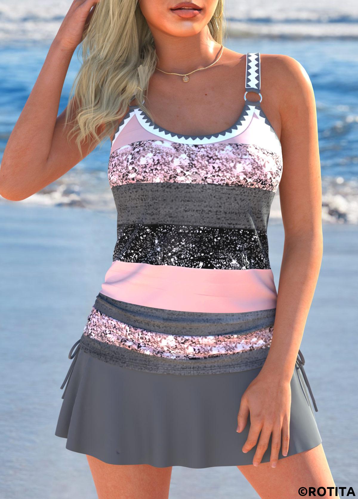 Dark Grey Marl swimwear,Pink swimwear,Striped swimwear,Geometric swimwear,Contrast Color swimwear,ROTITA Drawstring Dark Grey Marl Multi Stripe Print Tankini Set