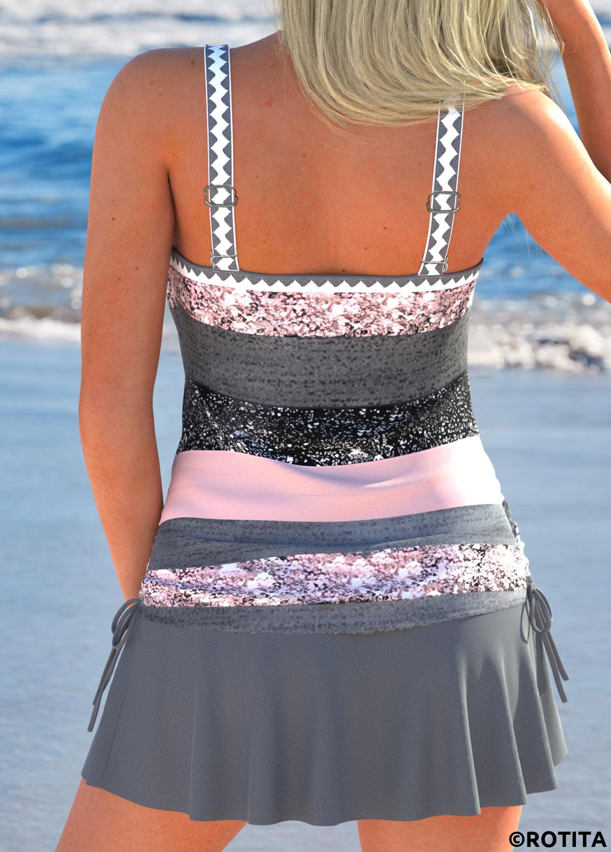 Dark Grey Marl swimwear,Pink swimwear,Striped swimwear,Geometric swimwear,Contrast Color swimwear,ROTITA Drawstring Dark Grey Marl Multi Stripe Print Tankini Set