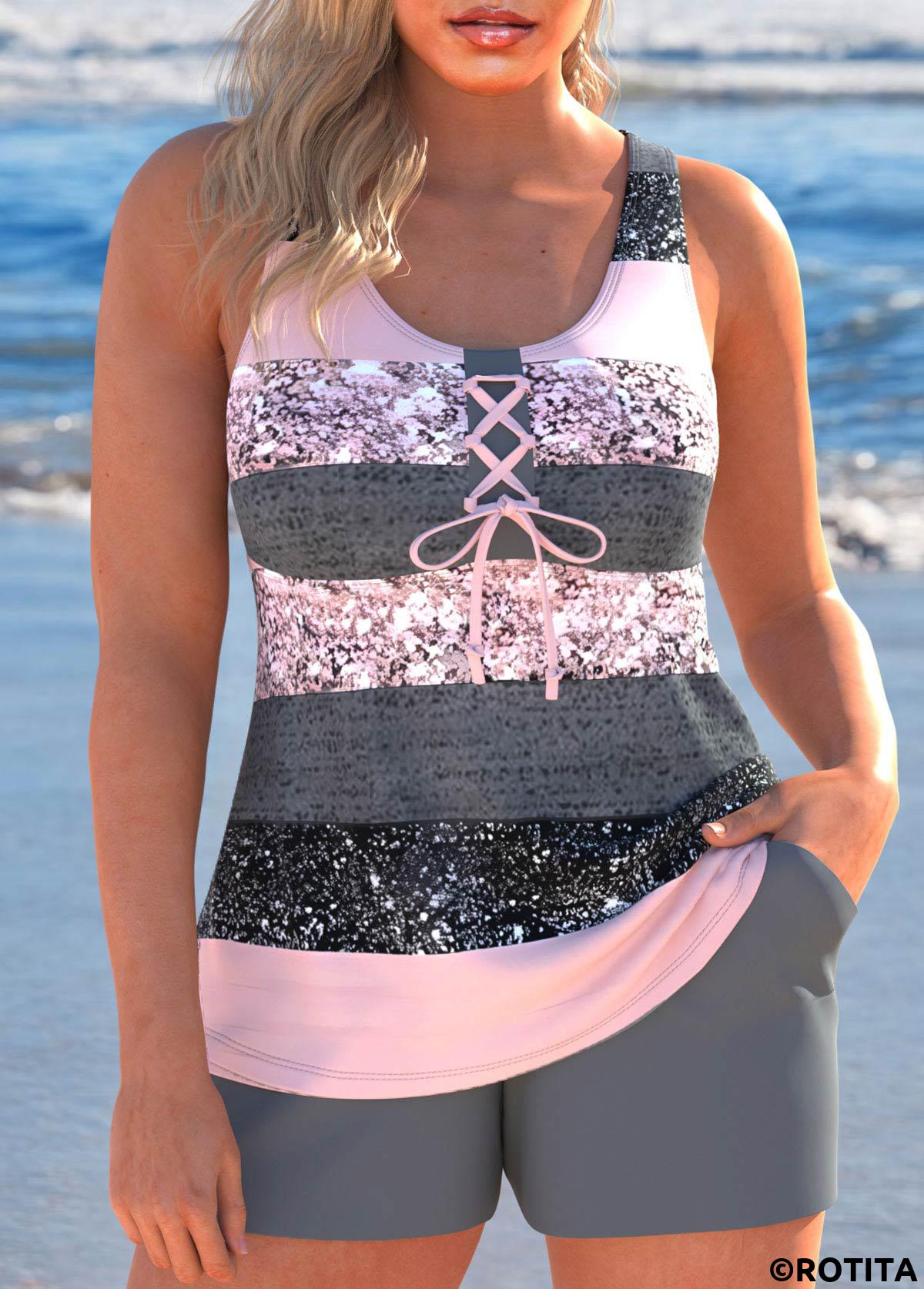 Grey plus size,Striped plus size,Geometric plus size,ROTITA Plus Size Lace Up Multi Stripe Print Tankini Set